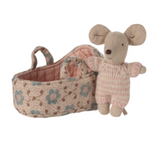 Maileg Carry Cot with Baby Mouse, Pink