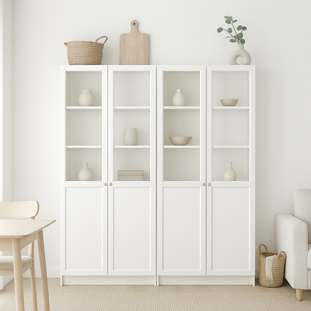 Ikea Billy Bookcase with Oxberg Half Glass Doors, 160x30x202cm, White (8129658847519)