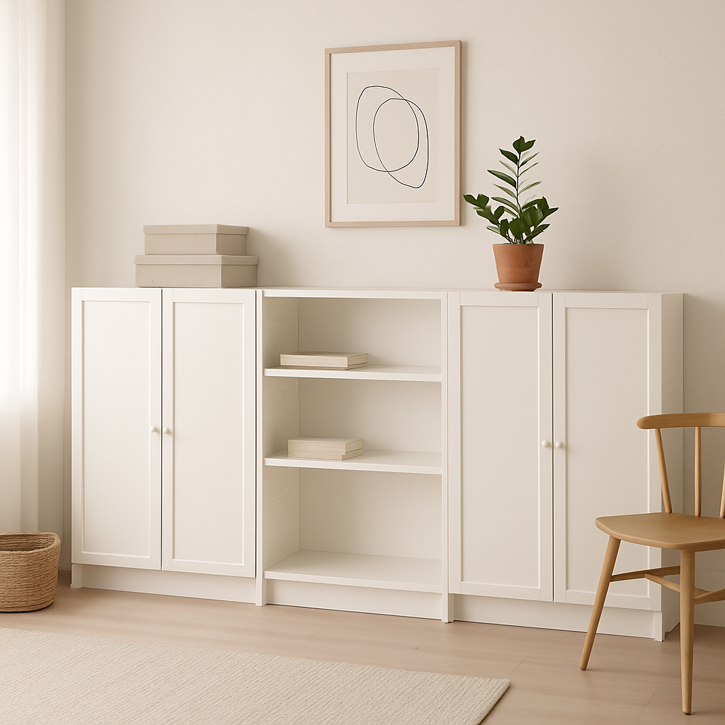 Ikea Billy Bookcase with Oxberg Solid Doors, 240x30x106cm, White (8129734050079)