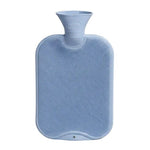 Blue hot water bottle with a white plug on a white background