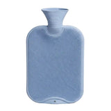 Blue hot water bottle with a white plug on a white background