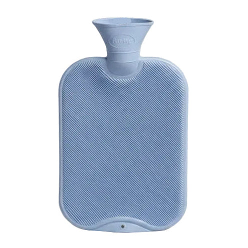 Blue hot water bottle with a white plug on a white background