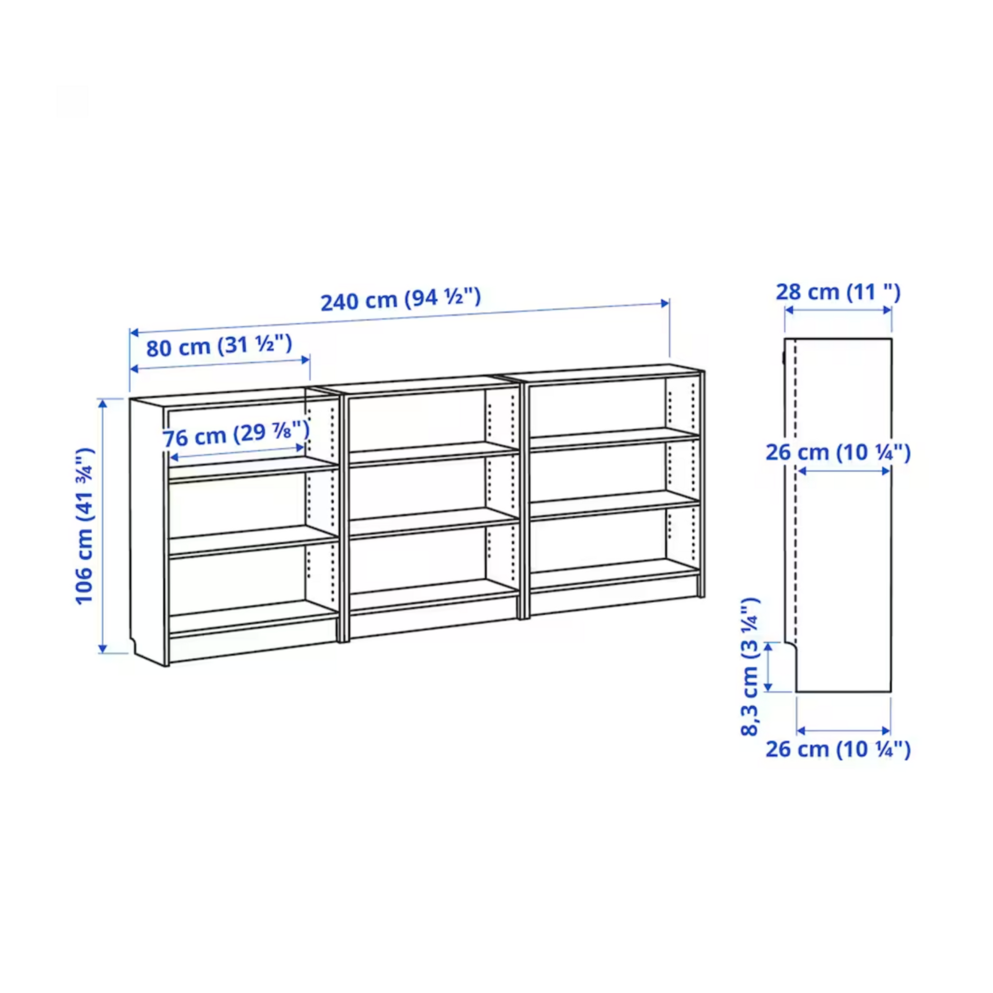 Ikea Billy Bookcase, 240x28x106cm, White (8129588199711)