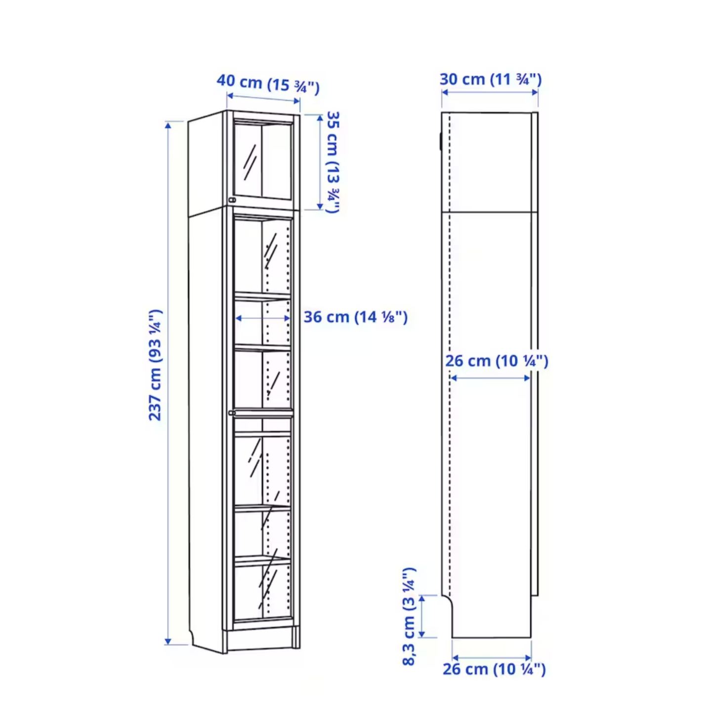 Ikea Billy Bookcase Extension Combo with Oxberg Glass Door, 40x30x237cm, White (8129664254239)