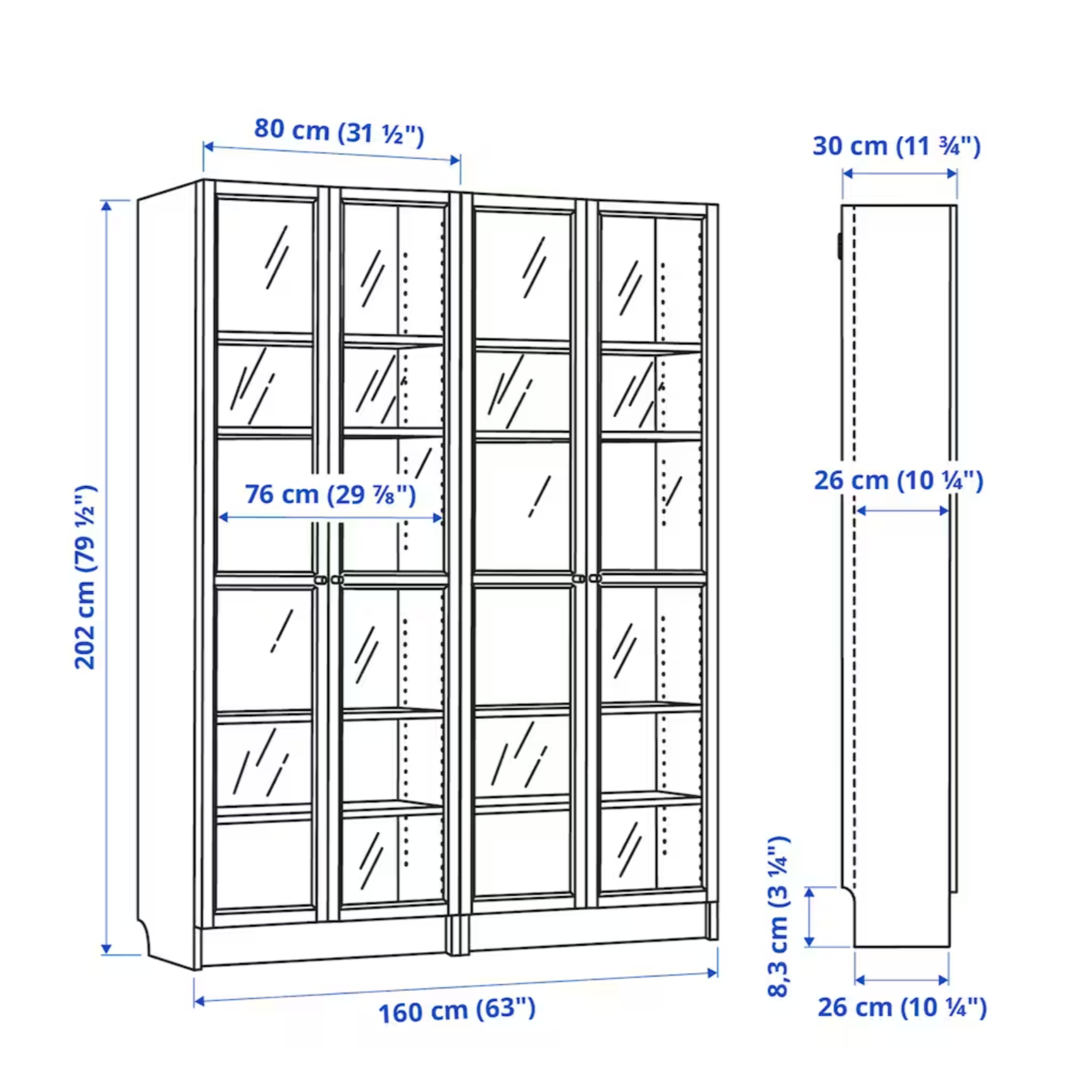 Ikea Billy Bookcase with Oxberg Glass Doors, 160x30x202cm, White (8129656422687)