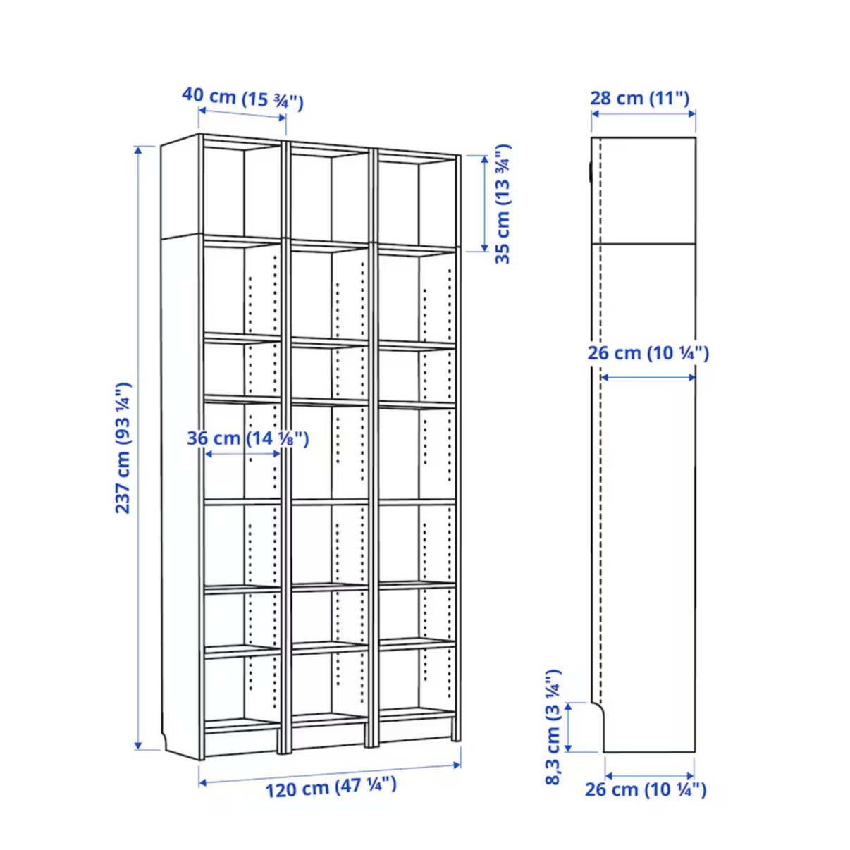 Ikea Billy Bookcase Extension Combo, 120x28x237cm, White Nordic Chill