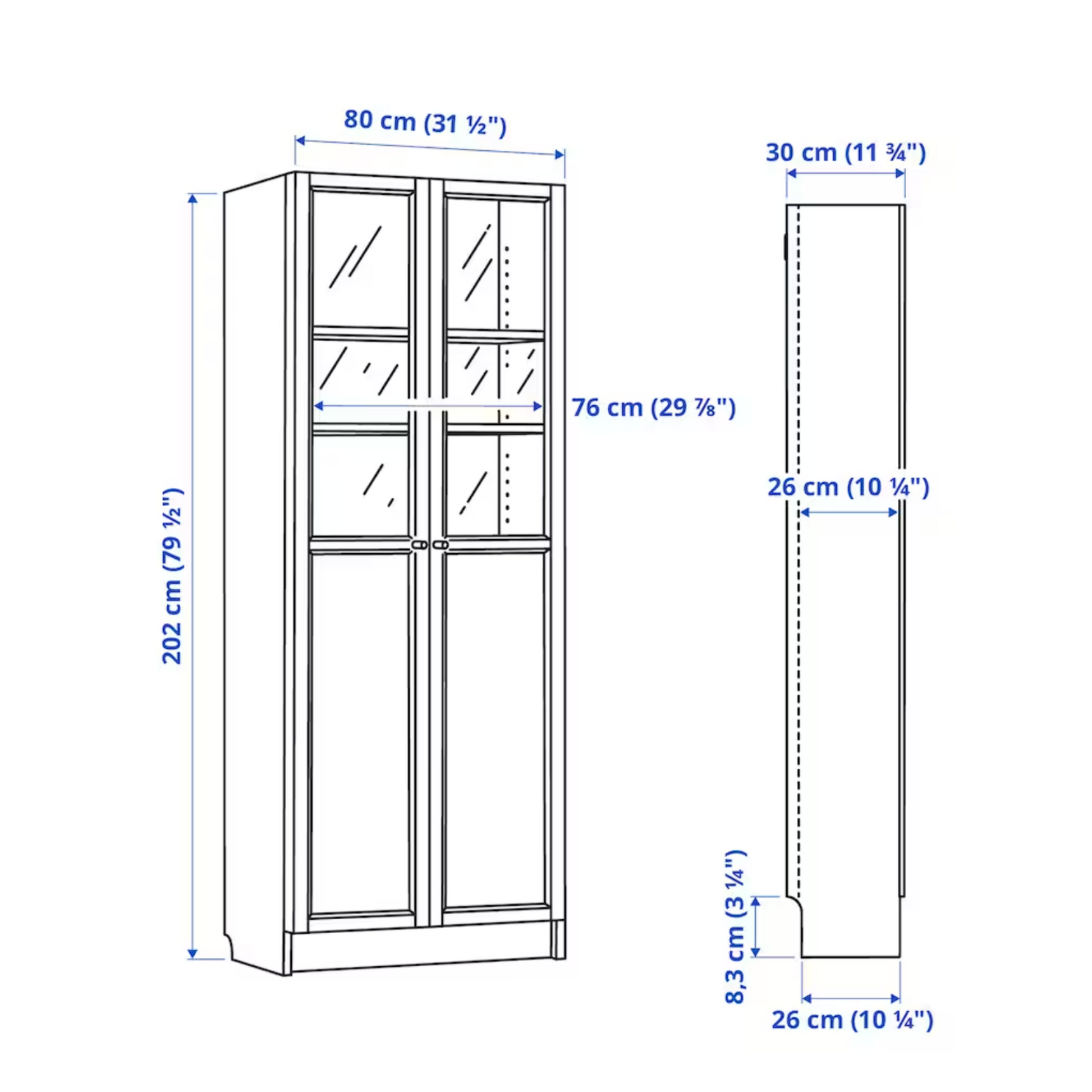 Ikea Billy Bookcase with Oxberg Half Glass Doors, 80x30x202cm, White (8129644265759)