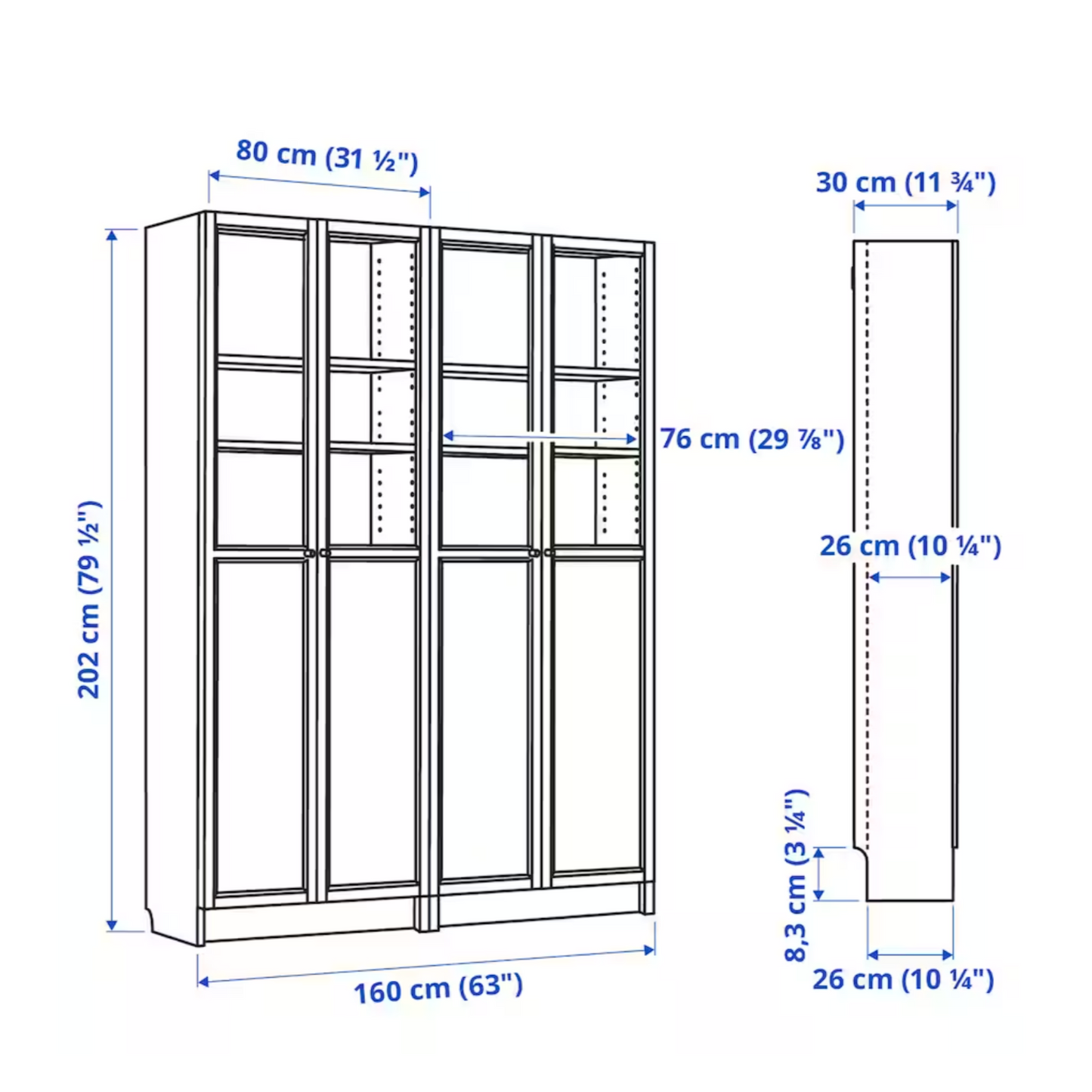 Ikea Billy Bookcase with Oxberg Half Glass Doors, 160x30x202cm, White (8129658847519)