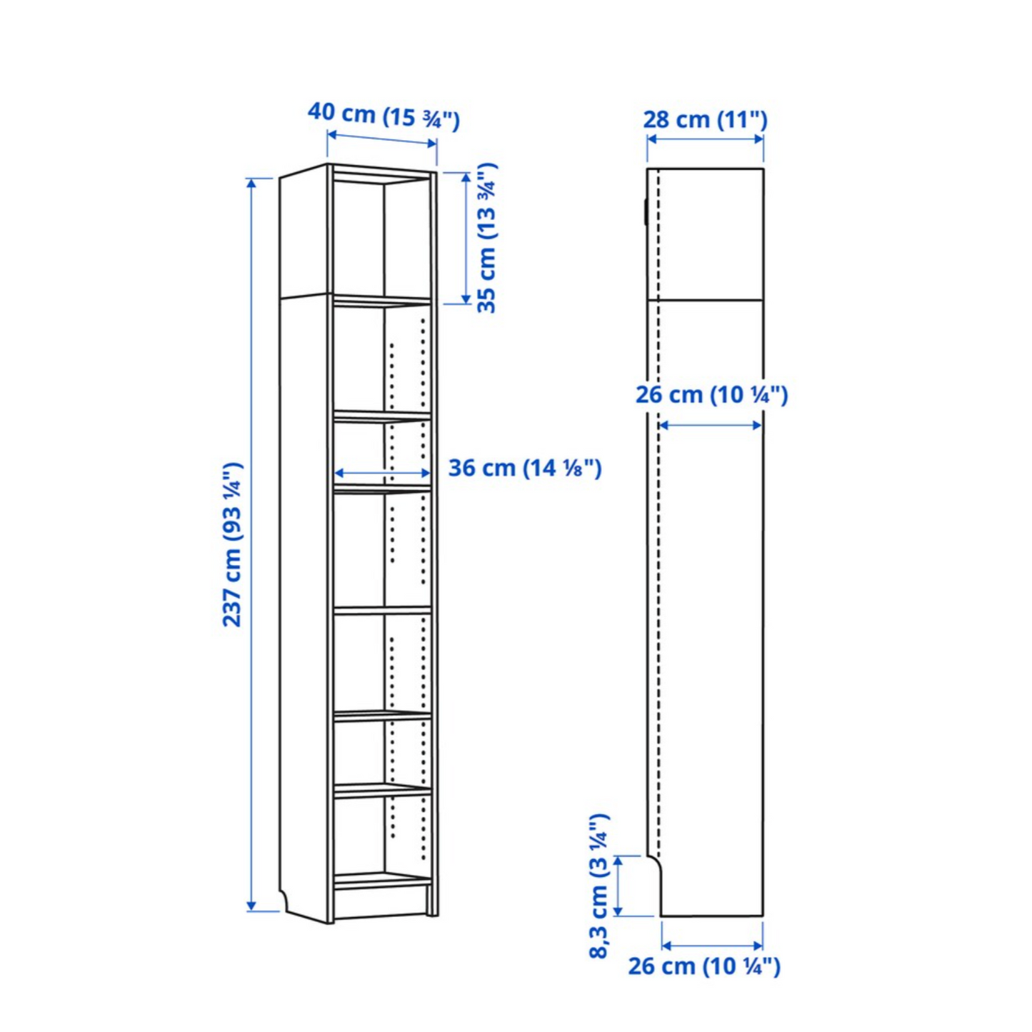 Ikea Billy Bookcase Extension Combo, 40x28x237cm, White (8129662812447)