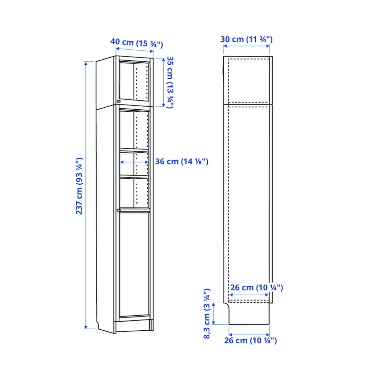 Ikea Billy Bookcase Extension Combo with Oxberg Half Glass Door, 40x30x237cm, White (8129665433887)