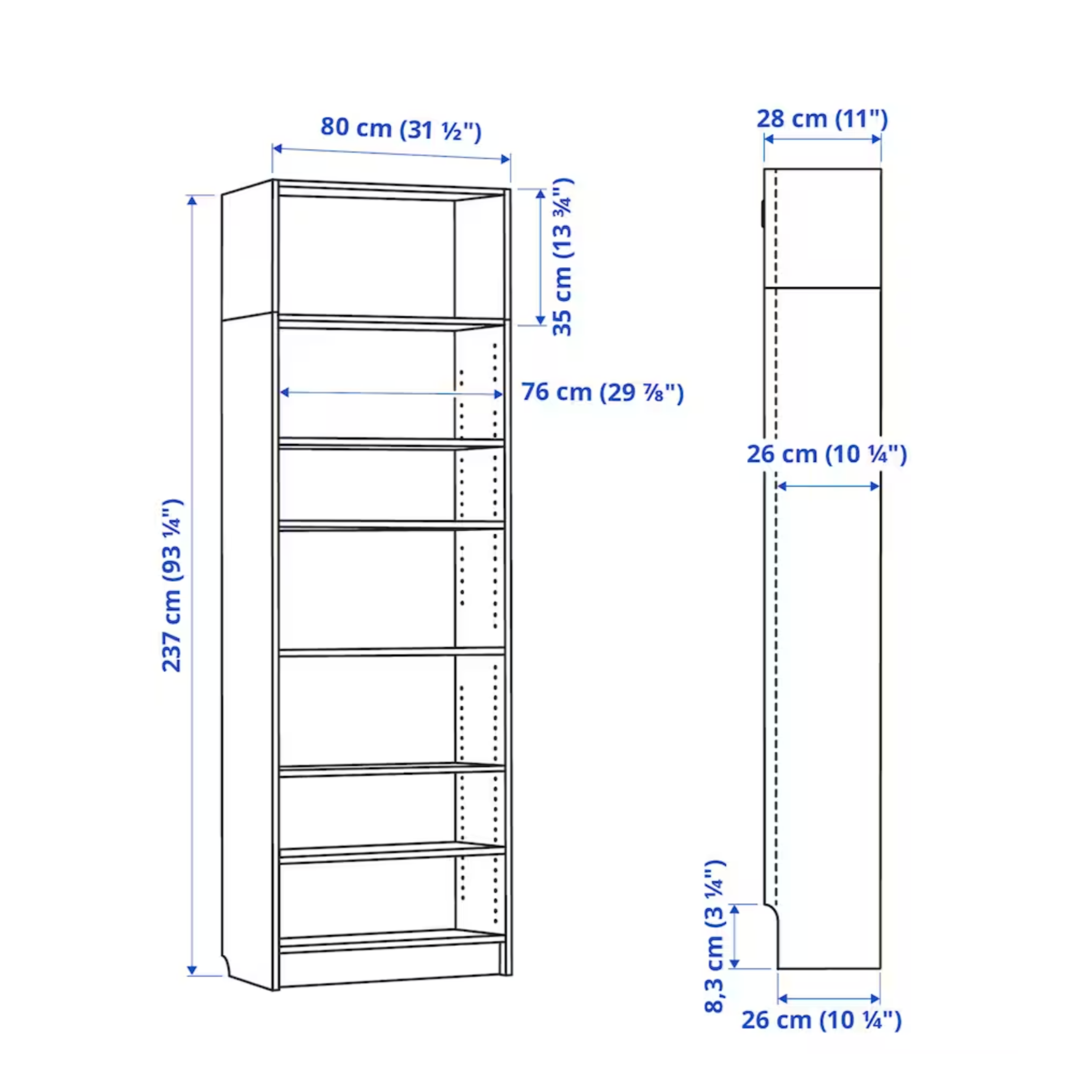 Ikea Billy Bookcase Extension Combo, 80x28x237cm, White (8129674936607)