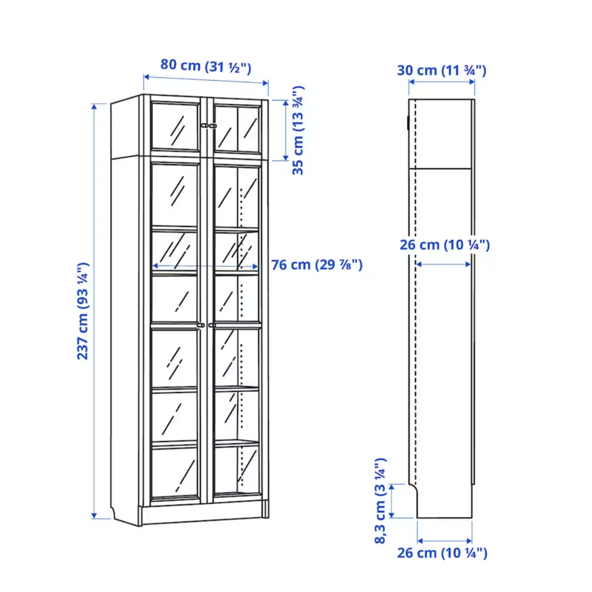 Ikea Billy Bookcase Extension Combo with Oxberg Half Glass Doors, 80x30x237cm, White (8129681326367)