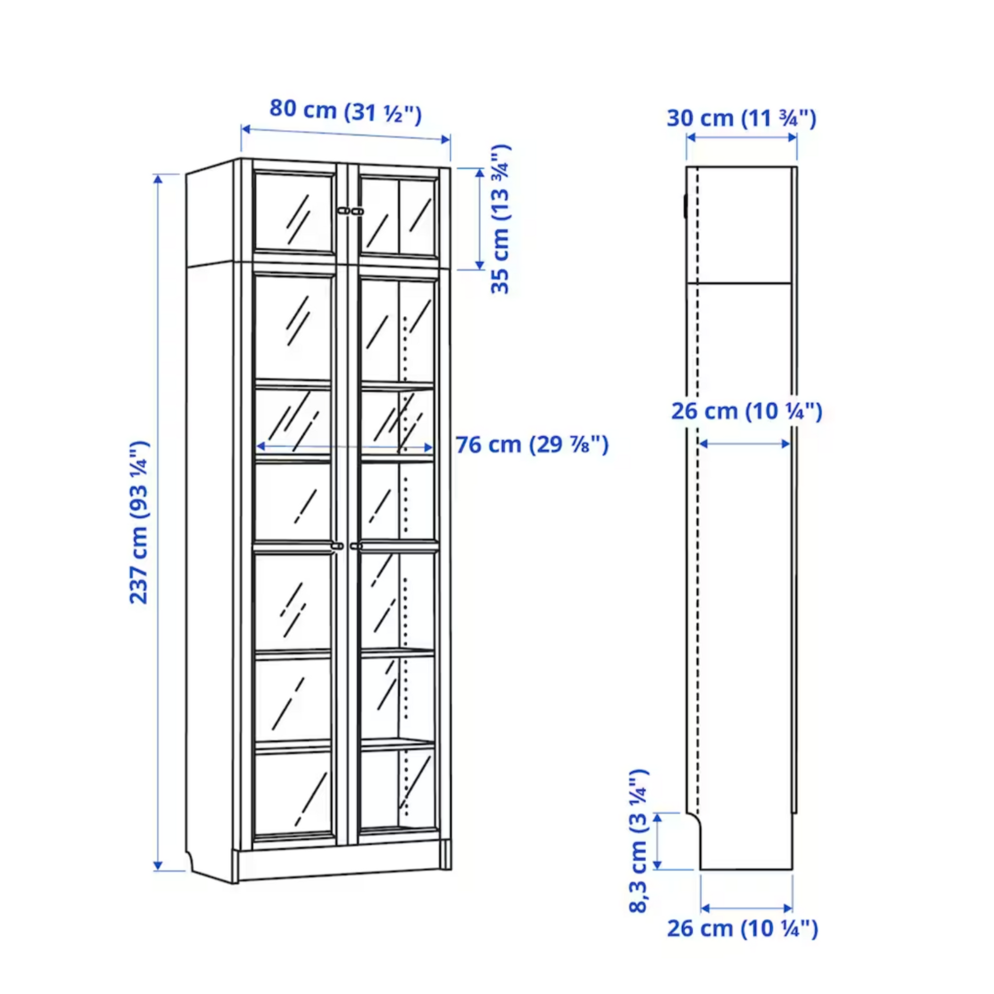 Ikea Billy Bookcase Extension Combo with Oxberg Half Glass Doors