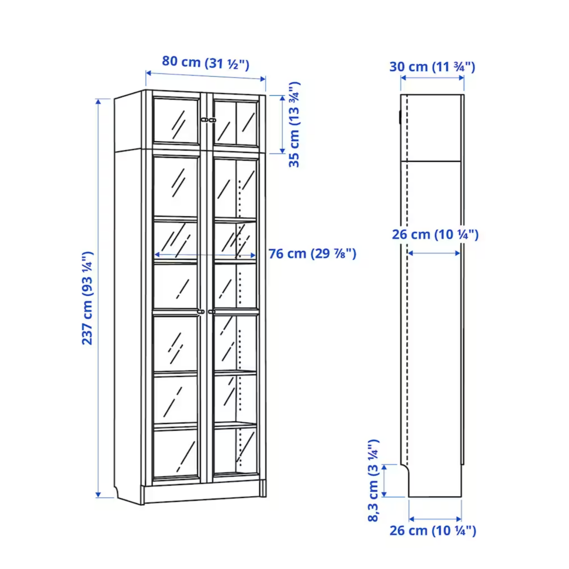 Ikea Billy Bookcase Extension Combo with Oxberg Glass Doors, 80x30x237cm, White (8129680671007)