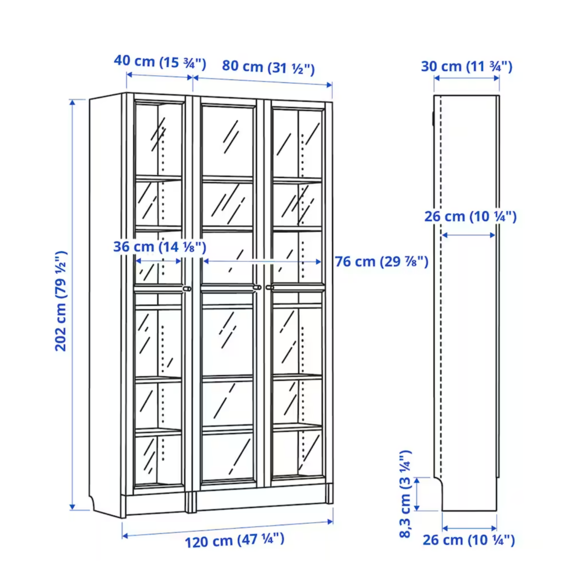 Ikea Billy Bookcase with Oxberg Glass Doors, 120x30x202cm, White (8129648820511)
