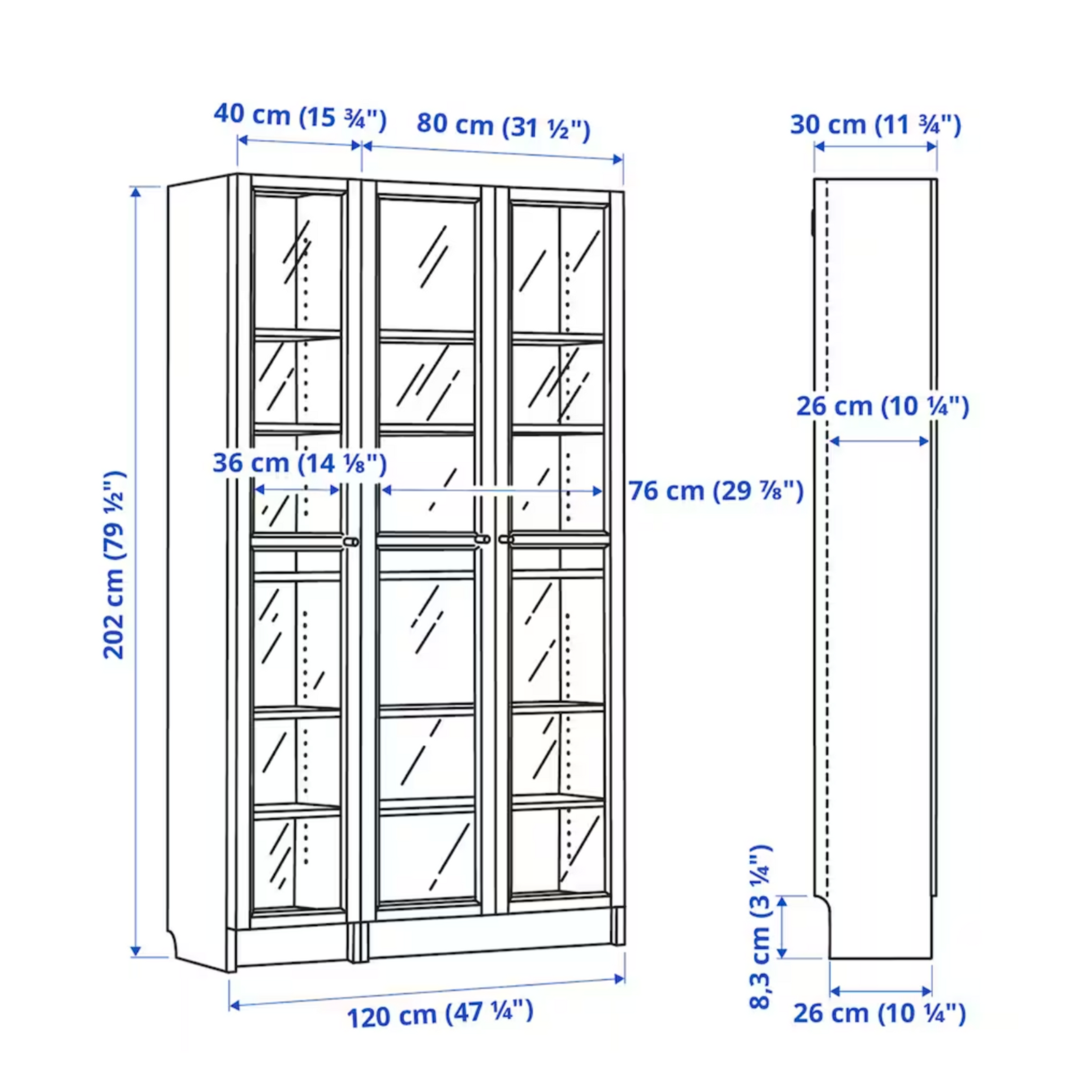 Ikea Billy Bookcase with Oxberg Glass Doors 120x30x202cm White