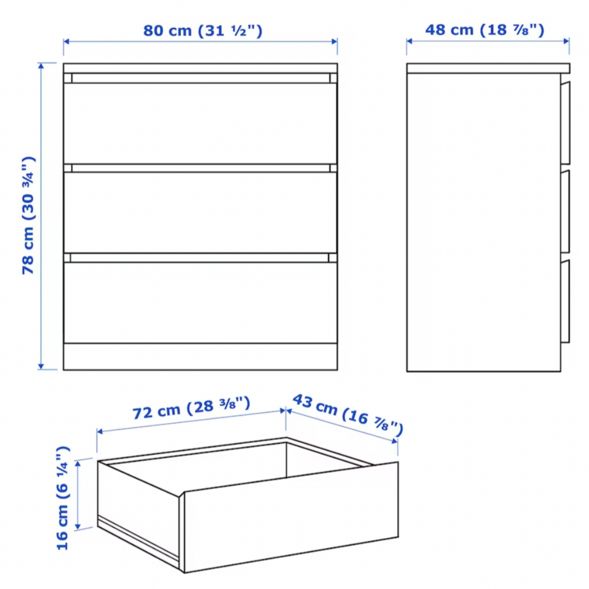 Ikea Malm 3-Drawer Chest, 80x48x78cm, White (311583693)