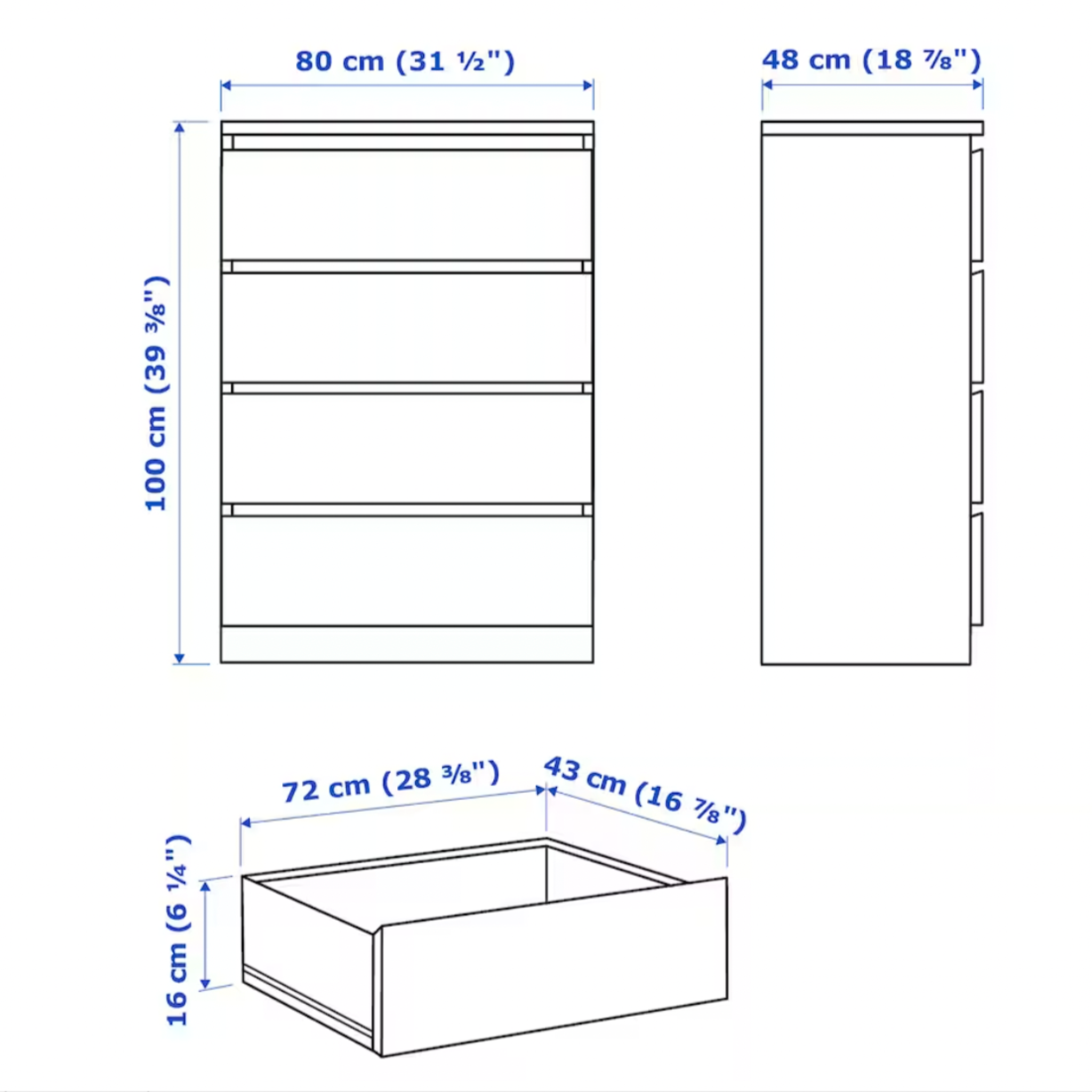 Ikea Malm 4-Drawer Chest, 80x48x100cm, White (4387266756673)