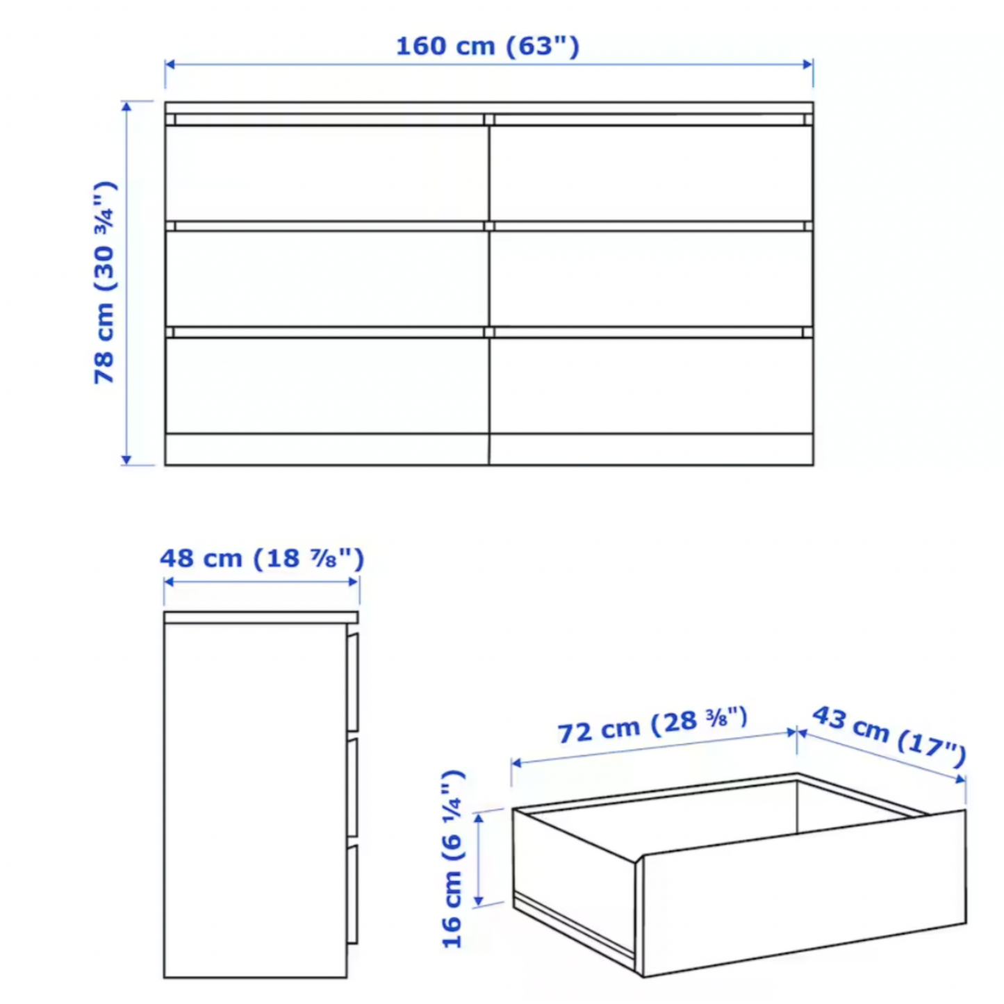 Ikea Malm 6-Drawer Lowboy Chest, 160x48x78cm, White (4369698914369)
