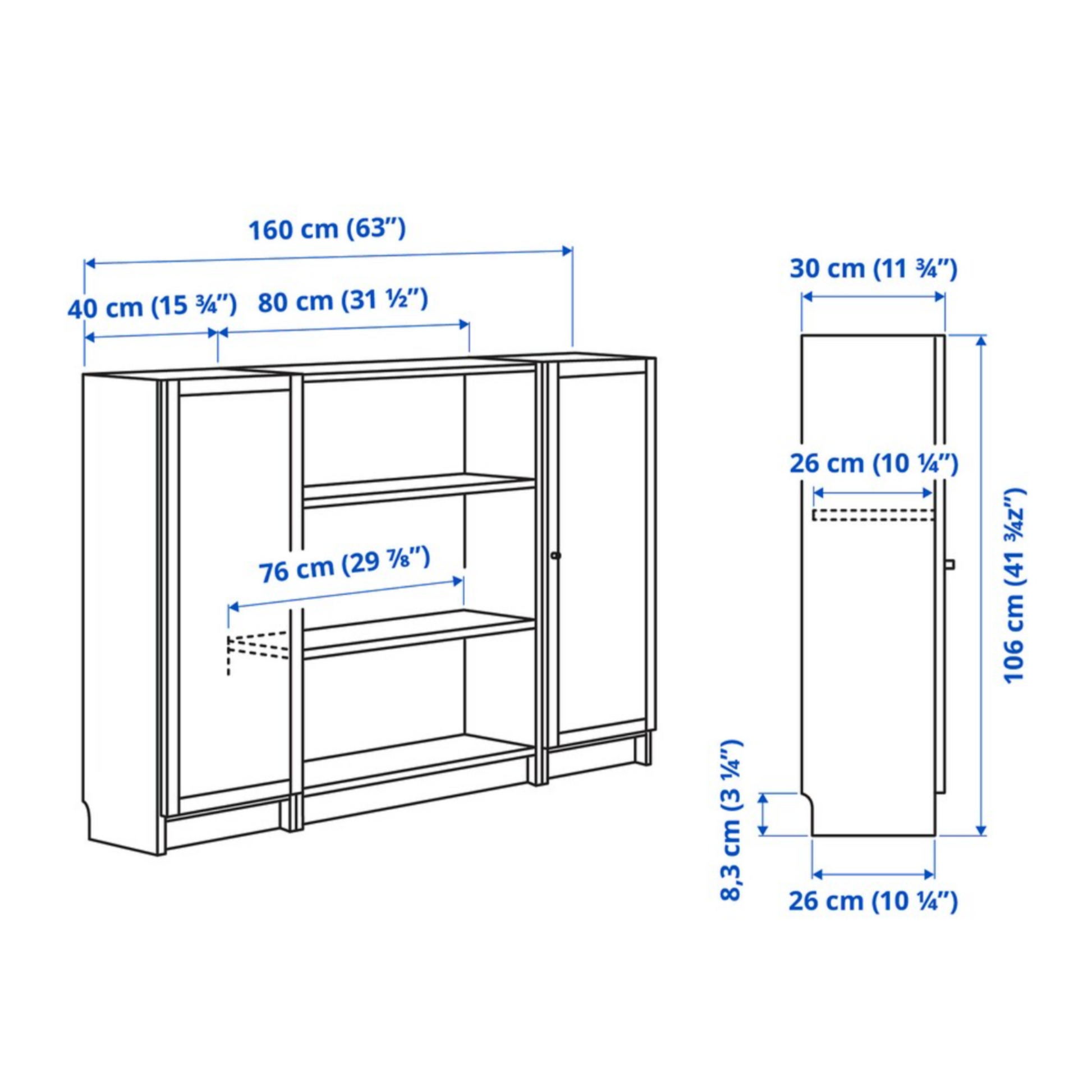 Ikea Billy Bookcase with Oxberg Solid Doors 160x30x106cm White