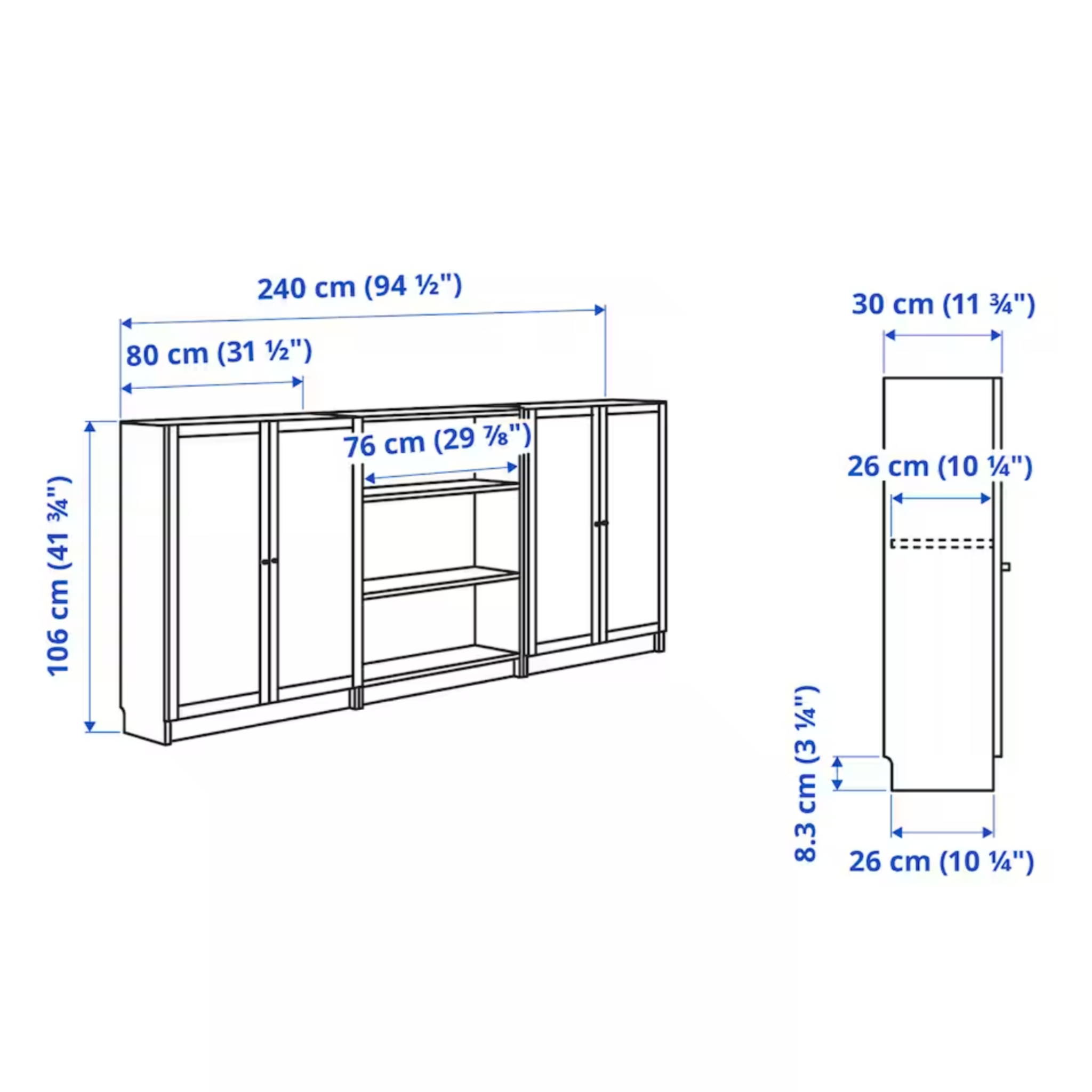 Ikea Billy Bookcase with Oxberg Solid Doors, 240x30x106cm, White (8129734050079)